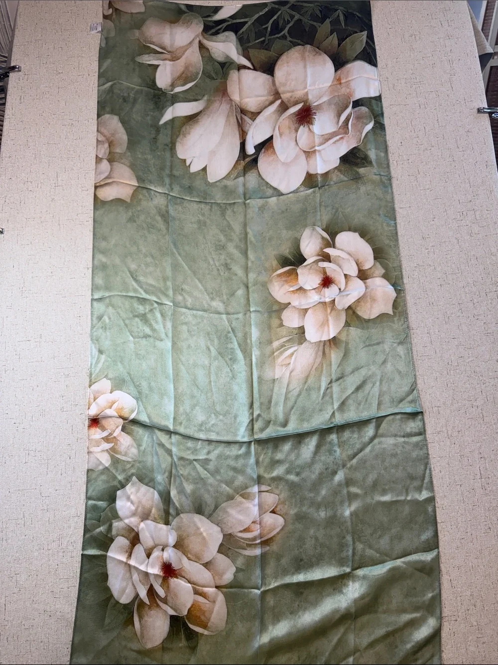 100% Silk Scarf Sage Green Magnolia Floral Print Oversized 65”